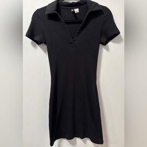 H&M Black Ribbed V-Neck Collar A Line Stretch Dress Size S